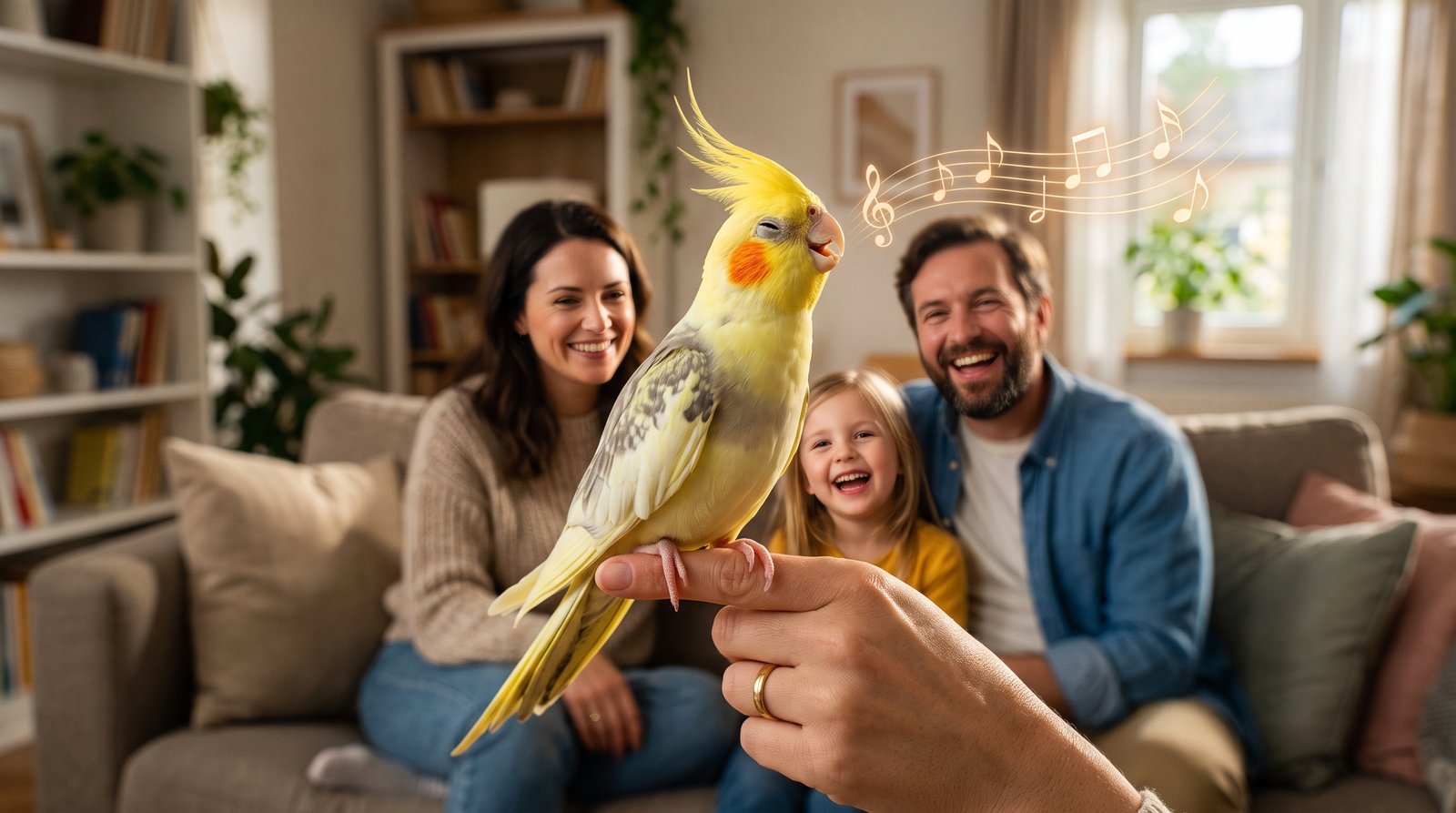Calopsita assobiando harmoniosamente com a família ao fundo